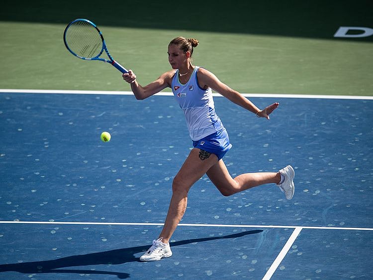Karolina Pliskova of  Czech Republic in action against Elena Rybakina of  Kazakhstan in the quarter final of Dubai Duty Free Tennis Championships on Thursday 20 February 2020. Photo: Virendra Saklani/Gulf News