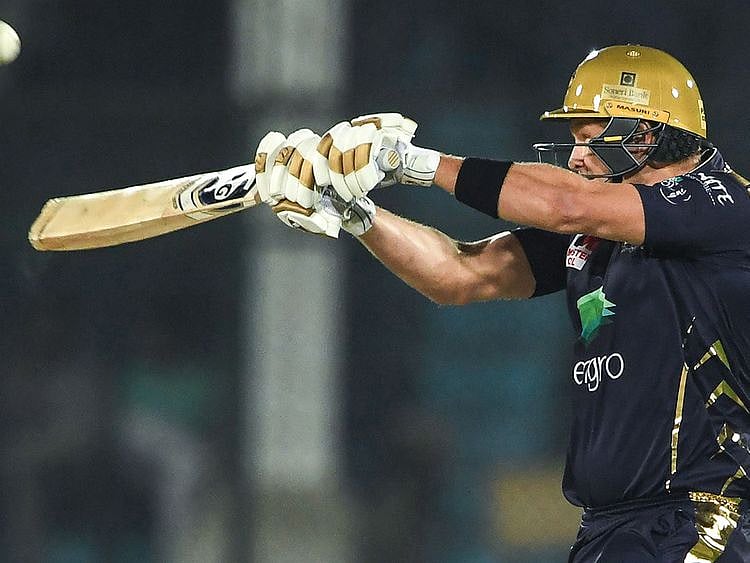 Quetta Gladiators's Shane Watson plays a shot during the Pakistan Super League (PSL) Twenty20 cricket match between Quetta Gladiators and Islamabad United at The National Cricket Stadium in Karachi on February 20, 2020.  / AFP / Asif HASSAN