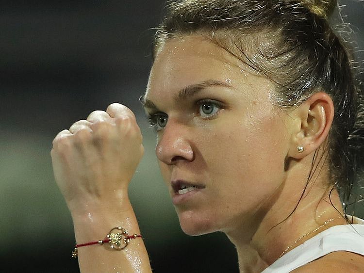 Simona Halep celebrates her win over Jennifer Brady in the Dubai Duty Free Championships semi-finals