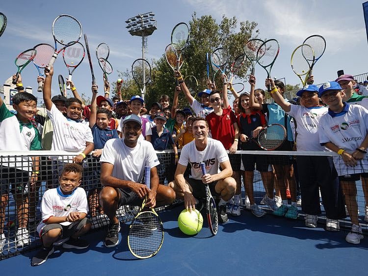 2020 Australian Open Doubles winners Joe Salisbury and Rajeev Ram joined the children in the clinic-1582548583621