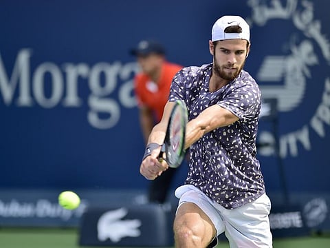 Russia's Karen Khachanov in action en route to his first round win over Mikhail Kukushkin at the Dubai Duty Free Tennis Championships on Monday. 