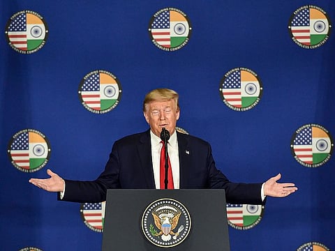  US President Donald Trump speaks during a press briefing in New Delhi, Tuesday, Feb. 25, 2020. 