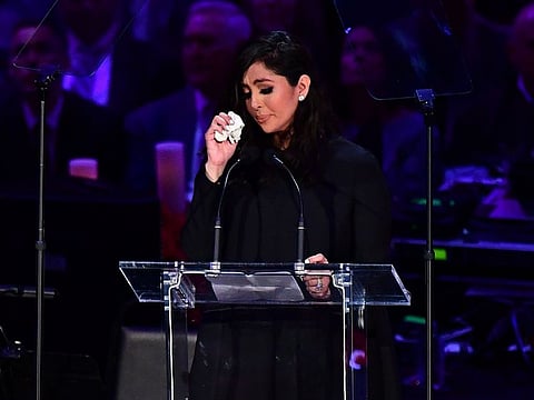 Kobe Bryant's wife Vanessa Bryant wipes away tears as she speaks during the "Celebration of Life for Kobe and Gianna Bryant" service at Staples Center in Downtown Los Angeles on February 24, 2020.