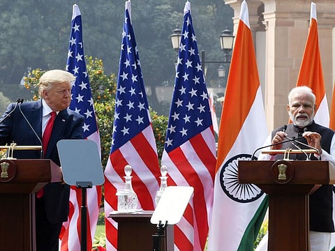Prime Minister Narendra Modi and US President Donald Trump during the joint press statement at Hyderabad House in New Delhi on Tuesday.