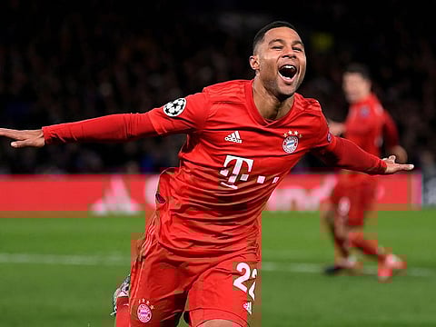 Bayern Munich's Serge Gnabry celebrates scoring their second goal.