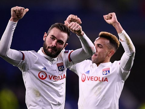 Lyon's French midfielder Lucas Tousart (left) celebrates at the end of first leg win over Juventus in Uefa Champions League earlier this year.