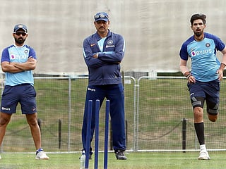 Ajinkya Rahane, Ishant Sharma and Head Coach Ravi Shastri during the practice session ahead of the second test match against New Zealand at Hagley Oval cricket ground, in Christchurch. 