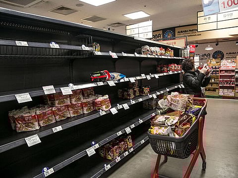 Almost empty shelves inside a supermarket in Seoul, South Korea, on Wednesday, Feb. 26, 2020. 