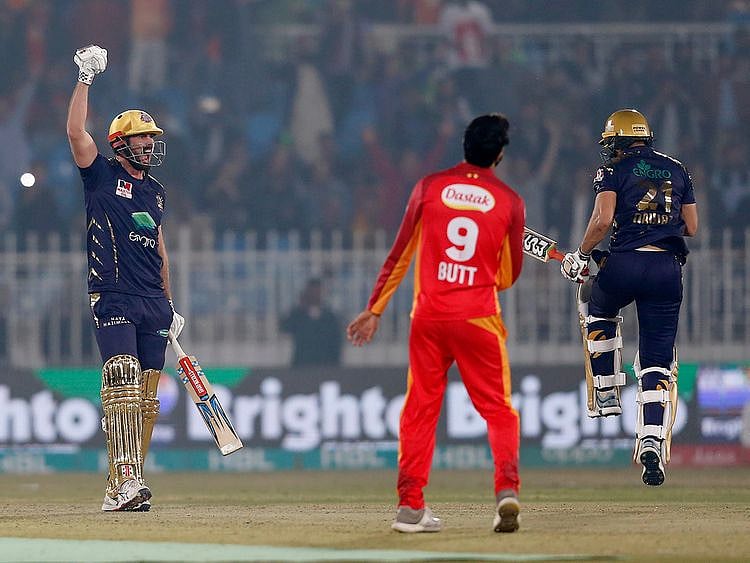 Quetta Gladiators batsmen Ben Cutting, left, and Muhammad Nawaz, right, react after taking winning run during the Pakistan Super League T20 cricket match against Islamabad United at Rawalpindi Stadium, in Rawalpindi, Pakistan, Thursday, Feb. 27, 2020. (AP Photo/Anjum Naveed)