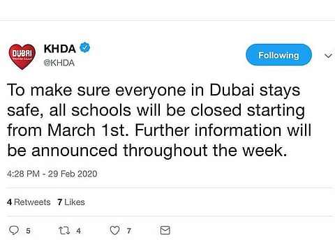 Fake news alert: A fake tweet that appears to be from the KHDA has circulated on social media saying that school is cancelled