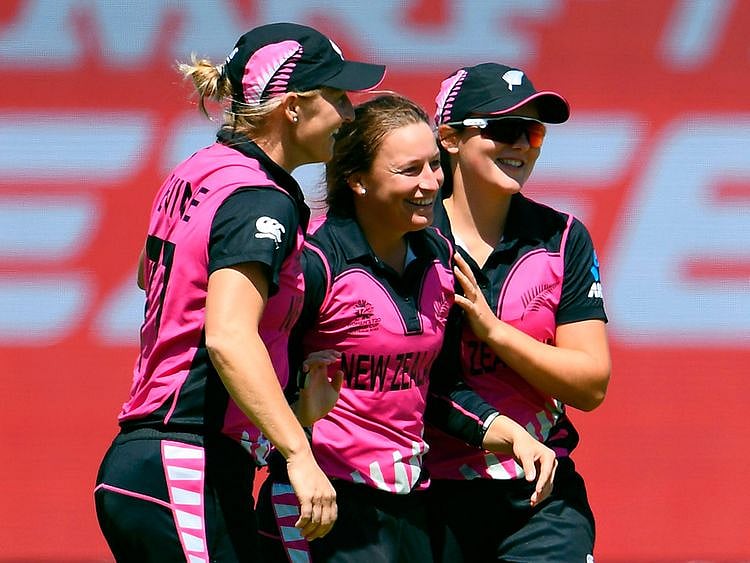 ew Zealand's Hayley Jensen (C) is congratulated by teammates after taking a Bangladesh wicket during their Twenty20 women's World Cup cricket match in Melbourne on February 29, 2020. -- IMAGE RESTRICTED TO EDITORIAL USE - STRICTLY NO COMMERCIAL USE --  / AFP / WILLIAM WEST / -- IMAGE RESTRICTED TO EDITORIAL USE - STRICTLY NO COMMERCIAL USE --