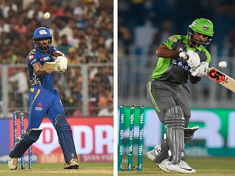 Left: Mumbai Indians' Hardik Pandya in action during the Indian Premier League last season; Lahore Qalandars' Fakhar Zaman in full flow during the Pakistan Super League in Rawalpindi this year.