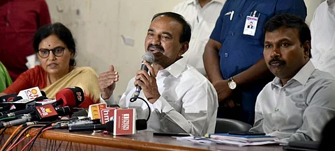 Telangana Health Minister E. Rajender Minister along with Health Department Officials addresses the media on precautionary measures to prevent the spread of coronavirus in the state, at Vaidya Vidhan Parishath in Hyderabad on Monday. 