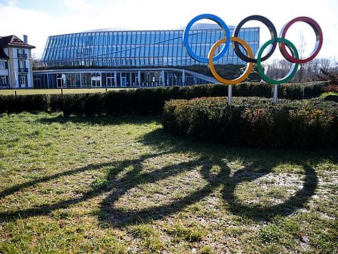 The rings are pictured in front of the International Olympic Committee (IOC) during Executive Board meeting in Lausanne, Switzerland
