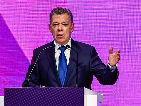 Juan Santos, former President of the Republic of Colombia addressing guests on the opening day of the International Government Communication Forum on 04 March 2020.