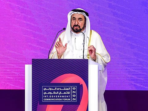 His Highness Dr. Shaikh Sultan Bin Mohammad Al Qasimi, Supreme Council Member and Ruler of Sharjah speaking at the opening ceremony of the International Government Communication Forum on 04 March 2020.