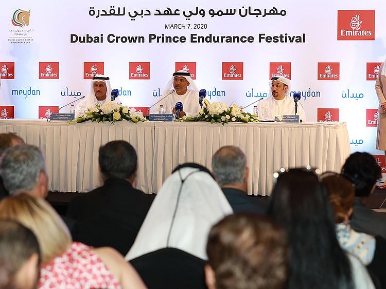 Dr Ghanim Al Hajri Sec General EEF, Mohammed Essa, GM DEC, and Adil Al Ghaith SVP Commercial, Emirates Airline, at the Dubai Crown Prince Endurance Cup launch