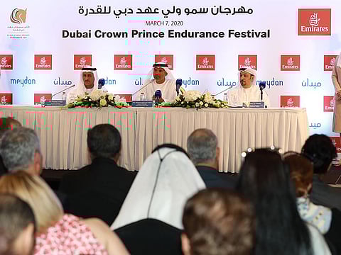 Dr Ghanim Al Hajri Sec General EEF, Mohammed Essa, GM DEC, and Adil Al Ghaith SVP Commercial, Emirates Airline, at the Dubai Crown Prince Endurance Cup launch