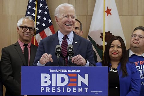 Democratic presidential candidate former Vice-President Joe Biden speaks on Wednesday in Los Angeles.