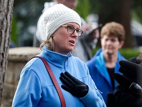 Lori Spencer, whose mom Just Shape, 81, is a resident at Life Care Center, speaks during a press conference held by family of residents of the nursing home, where some patients have died from COVID-19, in Kirkland, Washington on March 5, 2020.