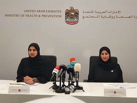 Dr Nada Al Marzouqi (right) and Dr Amna Al Dahak (left) at a Ministry of Health and Prevention (MoHAP) press conference on Saturday in Abu Dhabi 