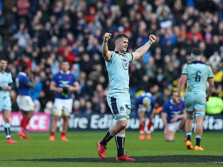 Scotland's Magnus Bradbury celebrates at the end of the Six Nations rugby union international match between Scotland and France at the Murrayfield stadium in Edinburgh, Scotland, Sunday, March 8, 2020. Scotland won 28-17. (AP Photo/Scott Heppell)