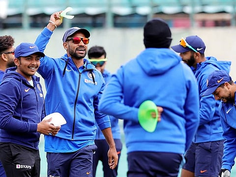 Indian players during a practice session ahead of the first ODI against South Africa, at the Himachal Pradesh Cricket Association Stadium in Dharamsala on Wednesday. 