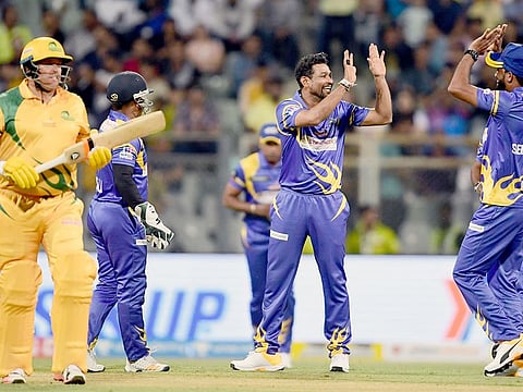 Sri Lanka Cricketer Tillakaratne Dilshan celebrates the dismissal of Mark Gfrogrove during a Road Safety World Series 2020 match between  Sri Lanka  Legends vs Australia Legends, at Wankhede Stadium in Mumbai on Sunday. 