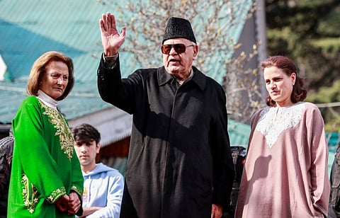 Farooq Abdullah, lawmaker and leader of National Conference, speaks to media after his release at his residence in Srinagar on March 13, 2020.