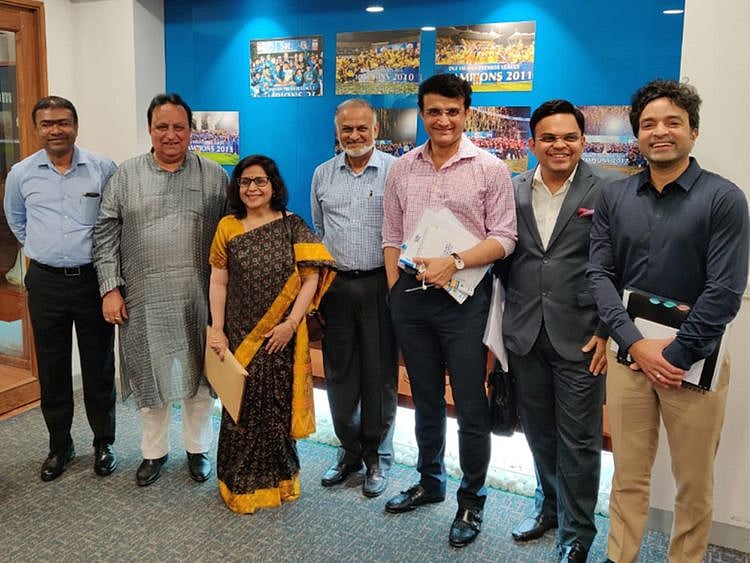 Indian Premeir League Governing Council members after the meeting at the BCCI Headquarters in Mumbai on Friday. Surinder Khanna (second from left) with IPL chairman Brijesh Patel, BCCI president Sourav Ganguly and secretary Jay Shah. 