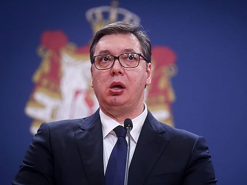 Serbian President Aleksandar Vucic addresses the public on March 15, 2020, in Belgrade.