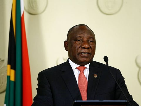 South African President Cyril Ramaphosa addresses the nation following a special cabinet meeting on matters relating to the COVID-19 pandemic at the Union Buildings in Pretoria, on March 15, 2020.
