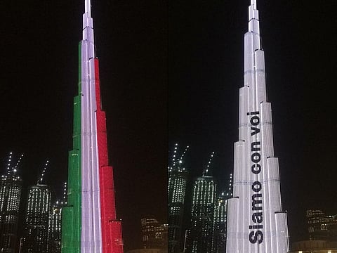 The Burj Khalifa lit up in the colours of the Italian flag.