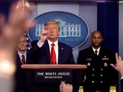 US President Donald Trump takes questions during a press briefing at the White House in Washington, U.S., March 19, 2020.