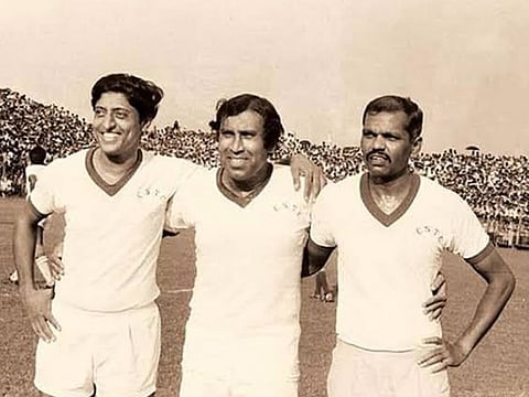 PK Banerjee, centre, with fellow India strikers Chuni Goswami and Tulsidas Balaram
