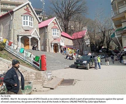 An empty view of GPO Chowk as no visitor is present which is part of preventive measures against the spread of novel coronavirus, the government has shut all the hotels in Murree. 
