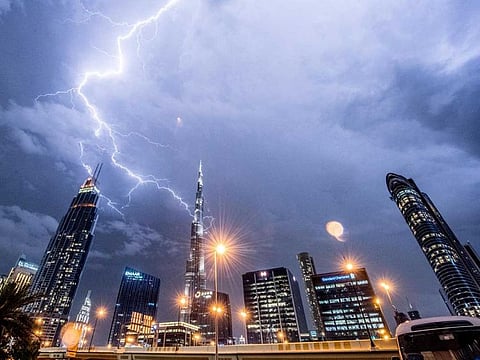 Bolts from the sky light up the skyscrapers in Downtown Dubai on Saturday night.