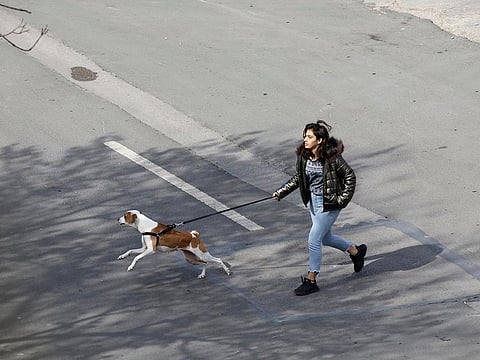 A woman walks her dog in a deserted street amid the coronavirus outbreak, in Ankara, Turkey, Sunday, March 22, 2020. 