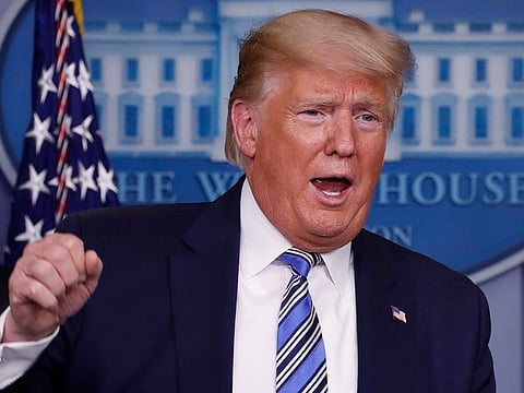 President Donald Trump speaks about the coronavirus in the James Brady Briefing Room, Monday, March 23, 2020, in Washington.