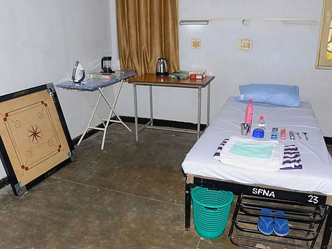A bed and other essential items are seen inside a quarantine facility of Southern Naval Command (SNC) to combat COVID-19, in Kochi, Friday, March 27, 2020. 