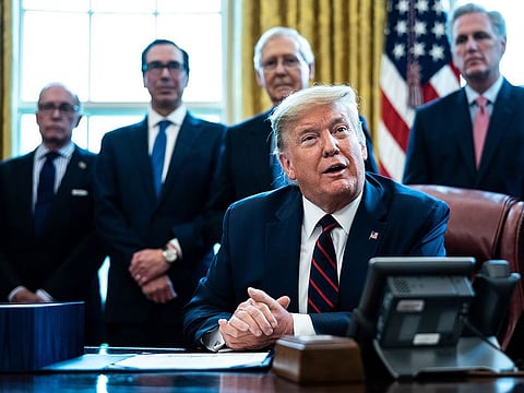 President Donald Trump during a signing ceremony for a stimulus package, in the wake of the coronavirus pandemic, Friday, March 27, 2020. 