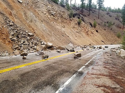 A rockslide on Highway 21 near Lowman, Idaho, after a magnitude 6.5 earthquake struck Tuesday, March 31, 2020. The earthquake struck north of Boise, Idaho, Tuesday evening, with people across a large area reporting shaking.