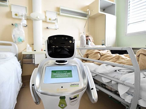 A robot helping medical teams treat patients suffering from the coronavirus disease (COVID-19) at a patient's room, in the Circolo hospital, in Varese, Italy on April 1, 2020. 
