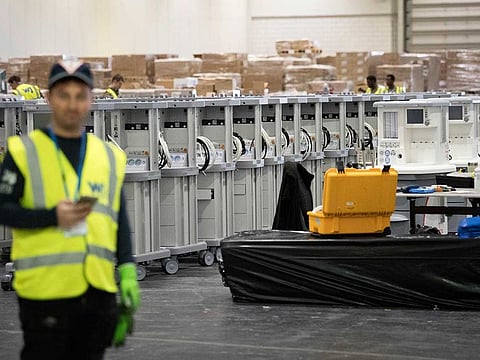Ventilators are stored and ready to be used at the ExCel centre which is being made into a temporary hospital, in London on Tuesday, March 31, 2020.  The new hospital - the NHS Nightingale, will comprise of two wards, each of 2,000 people, to help tackle coronavirus.