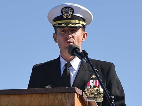 Captain Brett Crozier, commanding officer of the US Navy aircraft carrier USS Theodore Roosevelt, addresses the crew in San Diego, California, on January 17, 2020.