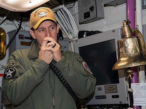 Captain Brett Crozier, commanding officer of the US Navy aircraft carrier USS Theodore Roosevelt, addresses the crew in San Diego, California, on January 17, 2020.