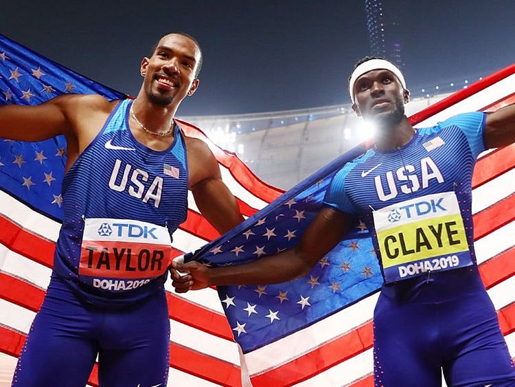 Will Claye (right) and teammate and gold medalist Christian Taylor at the 2019 Worth Athletics Championships