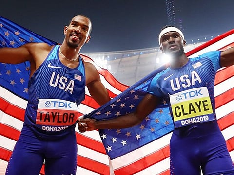 Will Claye (right) and teammate and gold medalist Christian Taylor at the 2019 Worth Athletics Championships