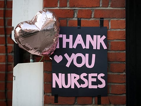 A sign thanking nurses is seen near King's College Hospital, as the spread of the coronavirus disease (COVID-19) continues, in London, Britain April 9, 2020. 