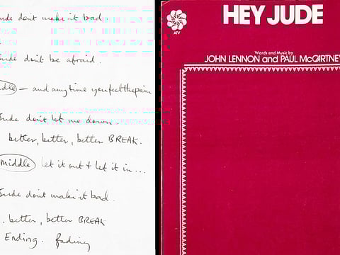Paul McCartney’s scribbled note for a recording session in London in 1968 of Hey Jude that sold for $910,000. Reuters